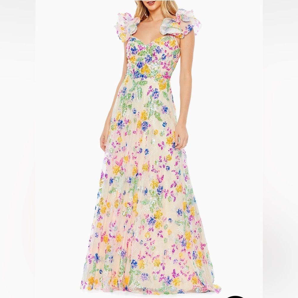 Mac‎ Duggal EMBELLISHED SEQUIN RUFFLE SLEEVE GOWN DRESS 68068